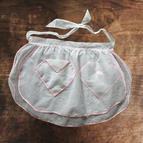 Vintage Short Sheer Apron White and Pink Polka Dots Hostess Pocket - Picture 6 of 7